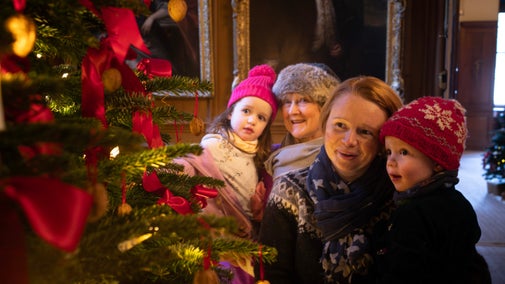Visitors admiring the Christmas tree at Dyrham Park, Gloucestershire